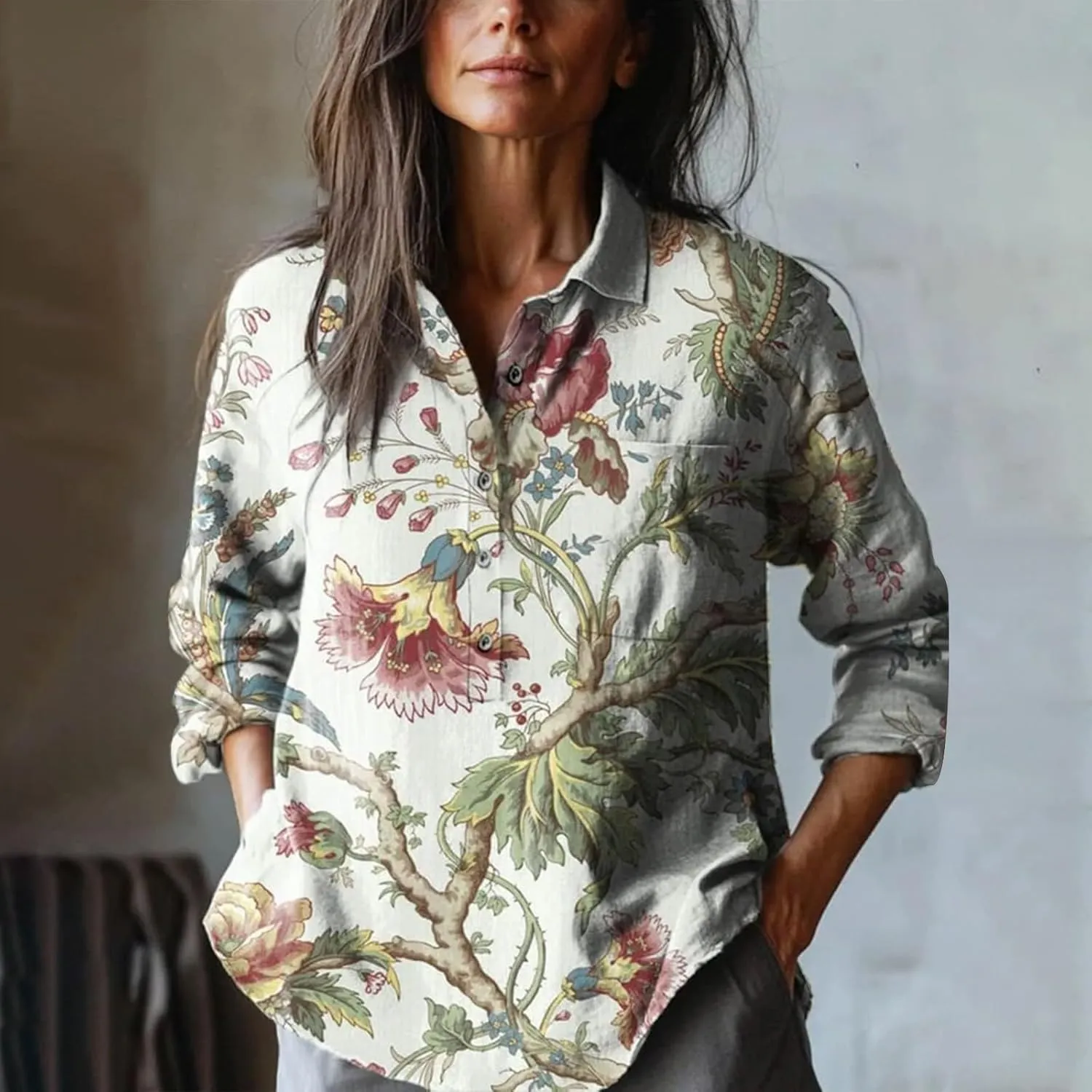 Womens Button Down Linen Shirt Women's Retro Floral Art Print Casual Long Sleeve Spring Casual Long Sleeve Solid