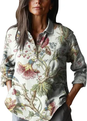 Womens Button Down Linen Shirt Women's Retro Floral Art Print Casual Long Sleeve Spring Casual Long Sleeve Solid