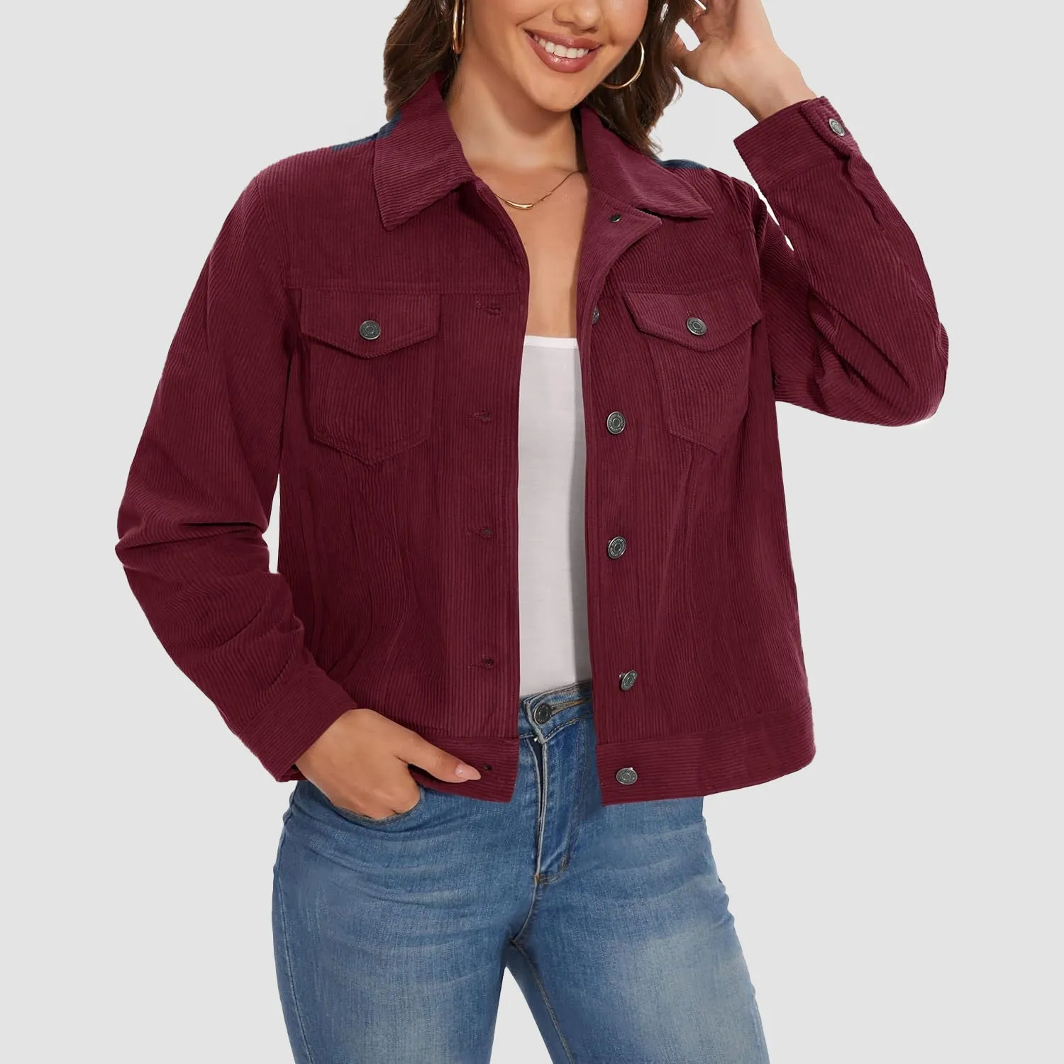 Women's Casual Corduroy Jackets Soft Warm Button Down Shacket Jacket Long Sleeve Fall Outerwear with Pockets