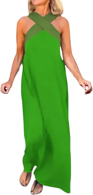 Women's Casual Dresses Flowy Cross Halter Neck Sleeveless Stitching Dress Summer Sexy Backless Vacation Maxi Dress
