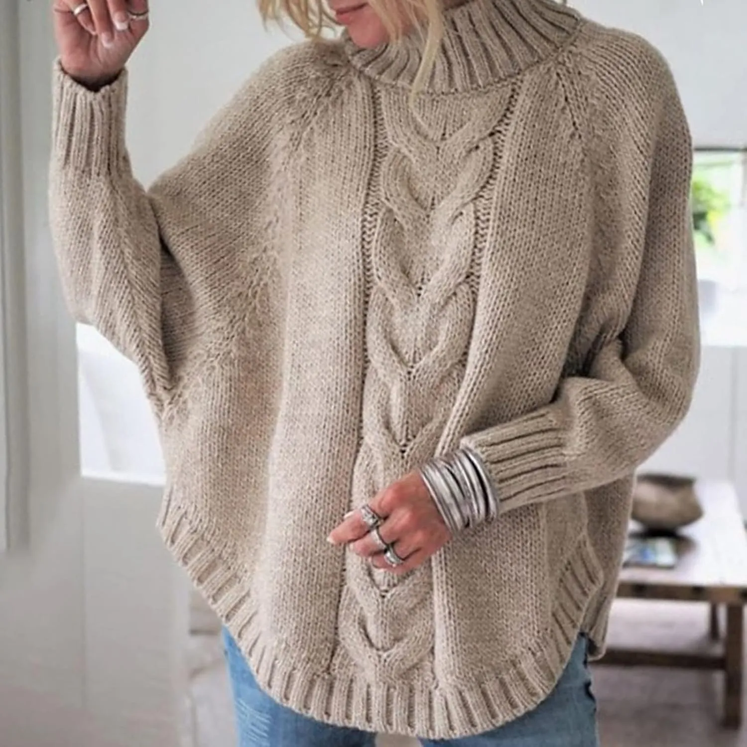 Women's Casual Outerwear Pullover Sweater Turtleneck Long Sleeve Loose Chunky Knit Oversized Sweater