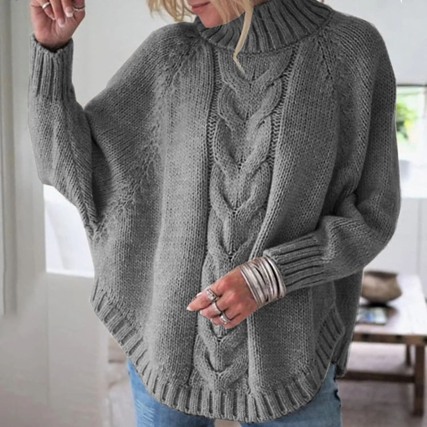 Women's Casual Outerwear Pullover Sweater Turtleneck Long Sleeve Loose Chunky Knit Oversized Sweater
