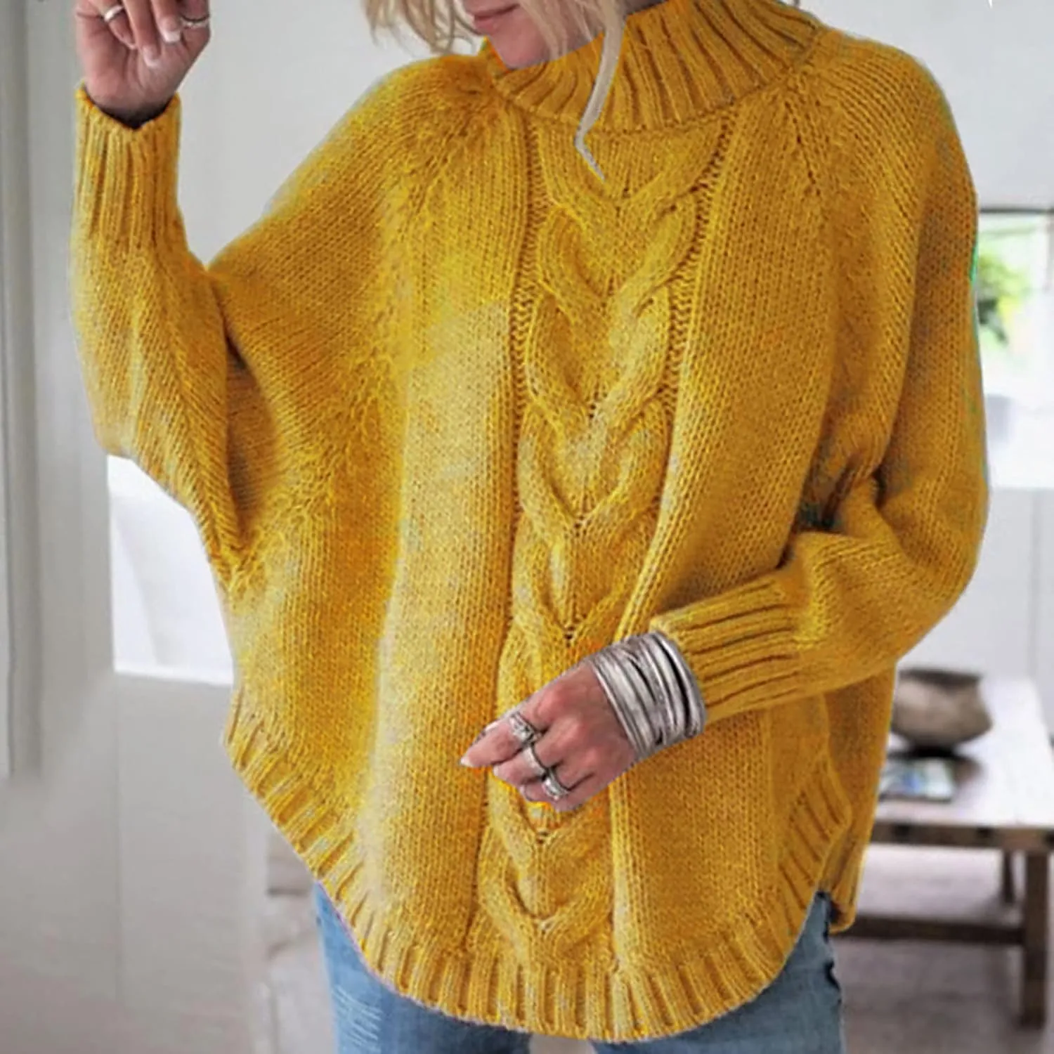 Women's Casual Outerwear Pullover Sweater Turtleneck Long Sleeve Loose Chunky Knit Oversized Sweater
