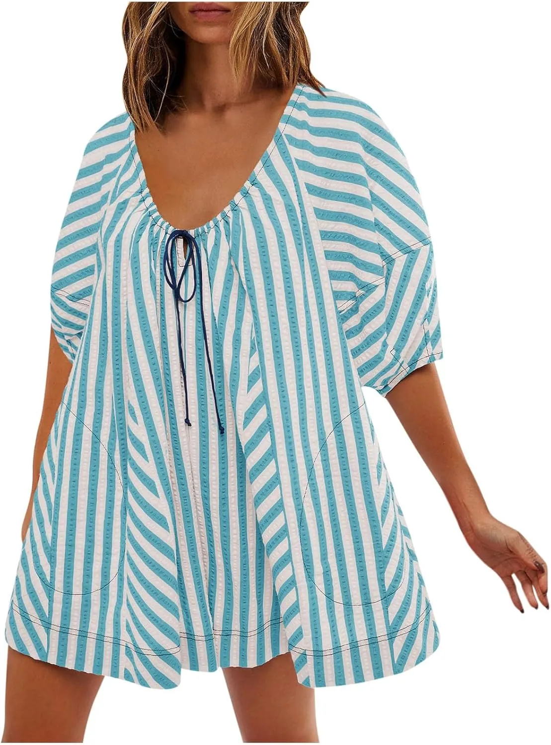 Womens Casual Striped Romper Dress Summer Dressy Short Jumpsuits Romper Shorts Puff Sleeve Trendy Beach Outfits