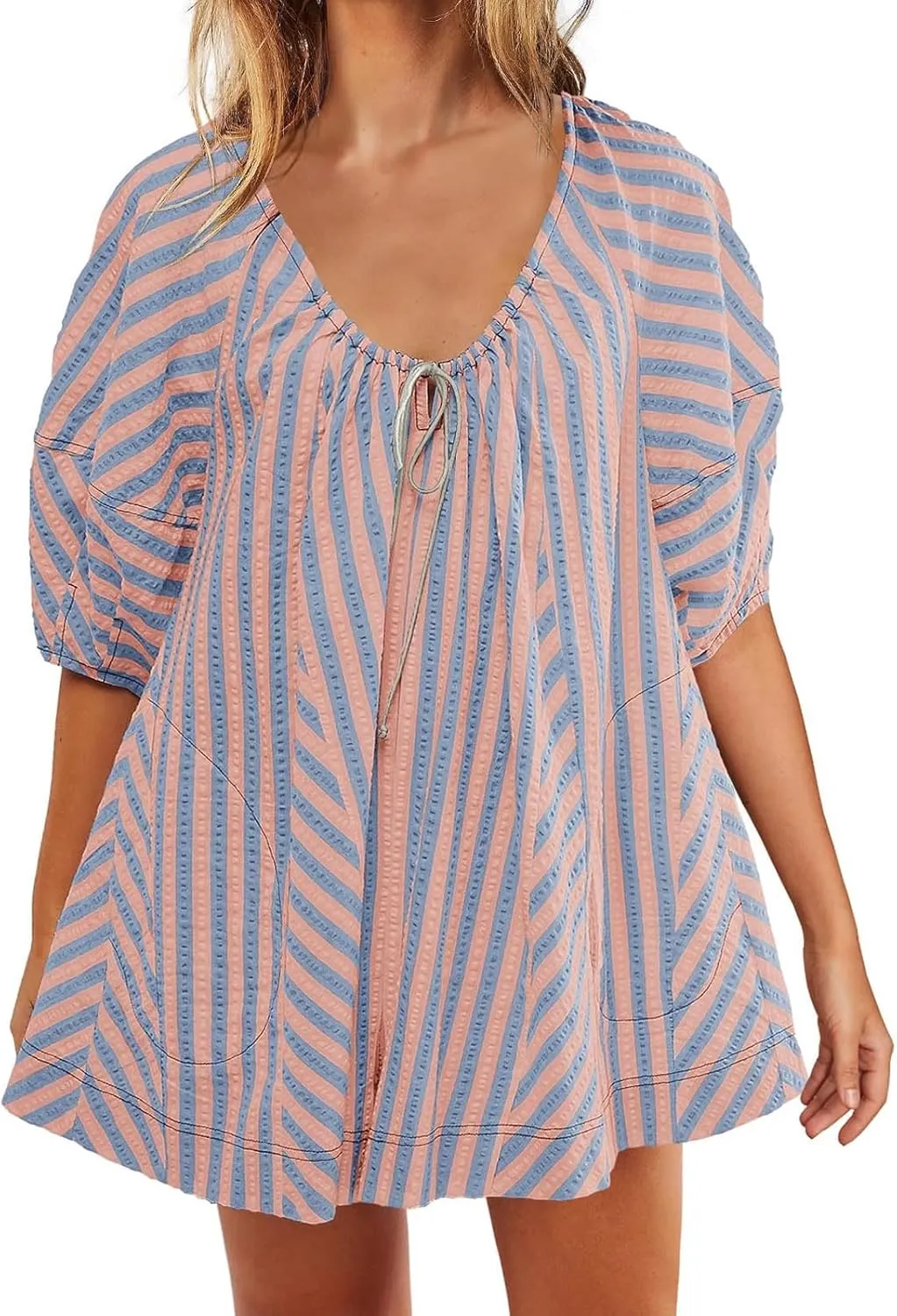 Womens Casual Striped Romper Dress Summer Dressy Short Jumpsuits Romper Shorts Puff Sleeve Trendy Beach Outfits