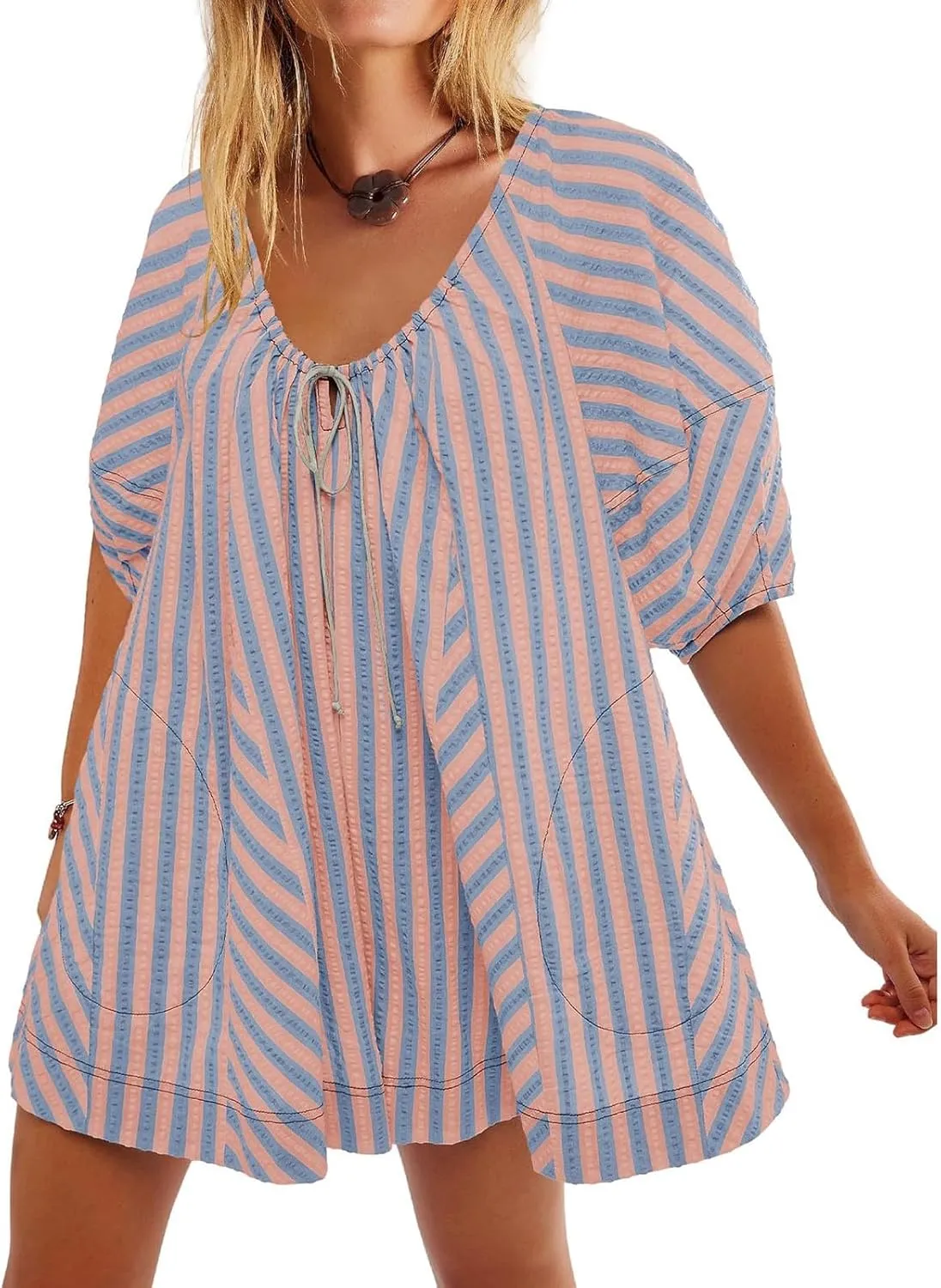 Womens Casual Striped Romper Dress Summer Dressy Short Jumpsuits Romper Shorts Puff Sleeve Trendy Beach Outfits