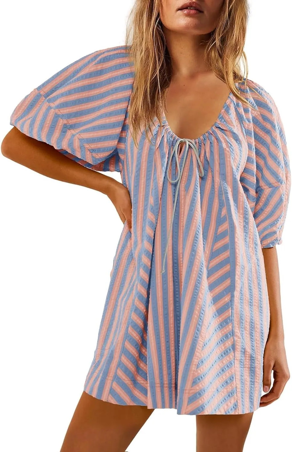 Womens Casual Striped Romper Dress Summer Dressy Short Jumpsuits Romper Shorts Puff Sleeve Trendy Beach Outfits