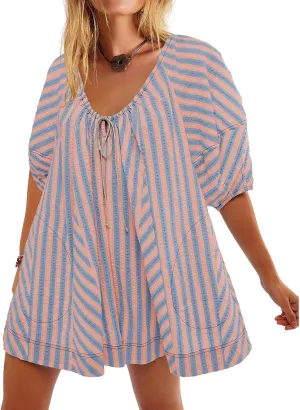 Womens Casual Striped Romper Dress Summer Dressy Short Jumpsuits Romper Shorts Puff Sleeve Trendy Beach Outfits