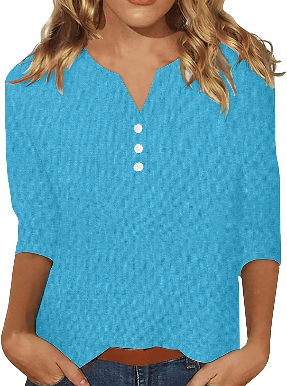 Womens Cotton Linen 3/4 Sleeve Tops Button Down Casual V Neck Tshirt Solid Color Basic Tee Shirts Summer Tunic Blouse