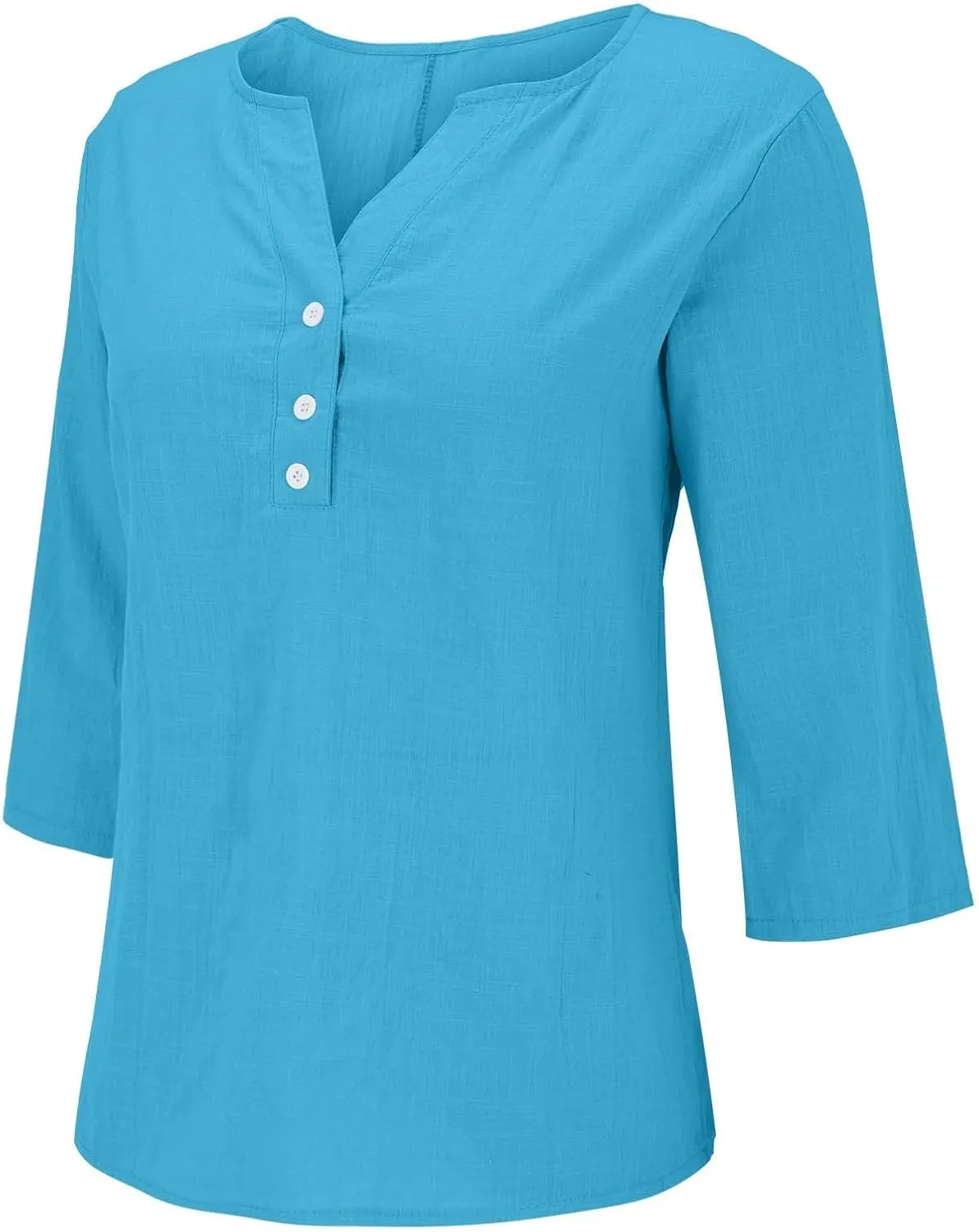 Womens Cotton Linen 3/4 Sleeve Tops Button Down Casual V Neck Tshirt Solid Color Basic Tee Shirts Summer Tunic Blouse