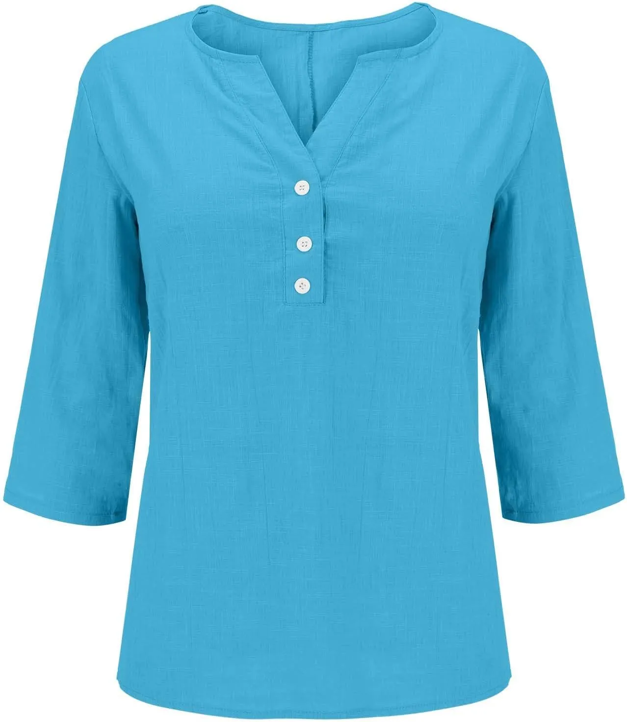 Womens Cotton Linen 3/4 Sleeve Tops Button Down Casual V Neck Tshirt Solid Color Basic Tee Shirts Summer Tunic Blouse