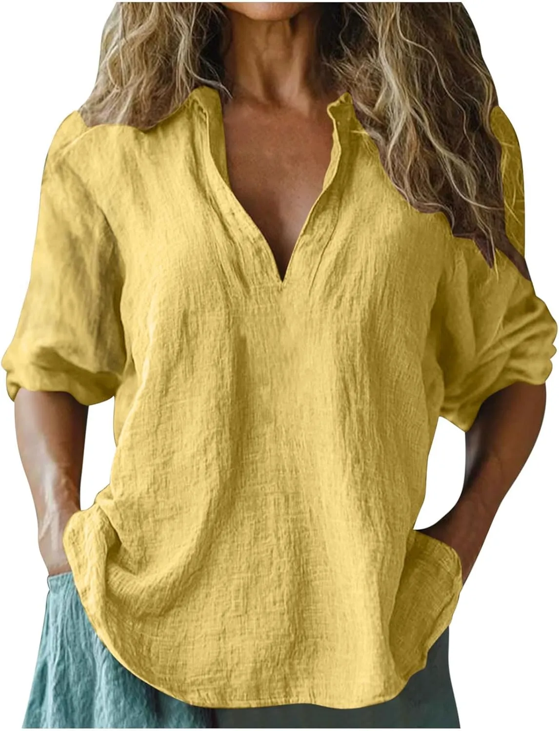 Womens Cotton Linen 3/4 Sleeve Tops Summer Notch V-Neck Tshirts Ladies Vintage Casual Blouse Dressy Loose Basic Tee
