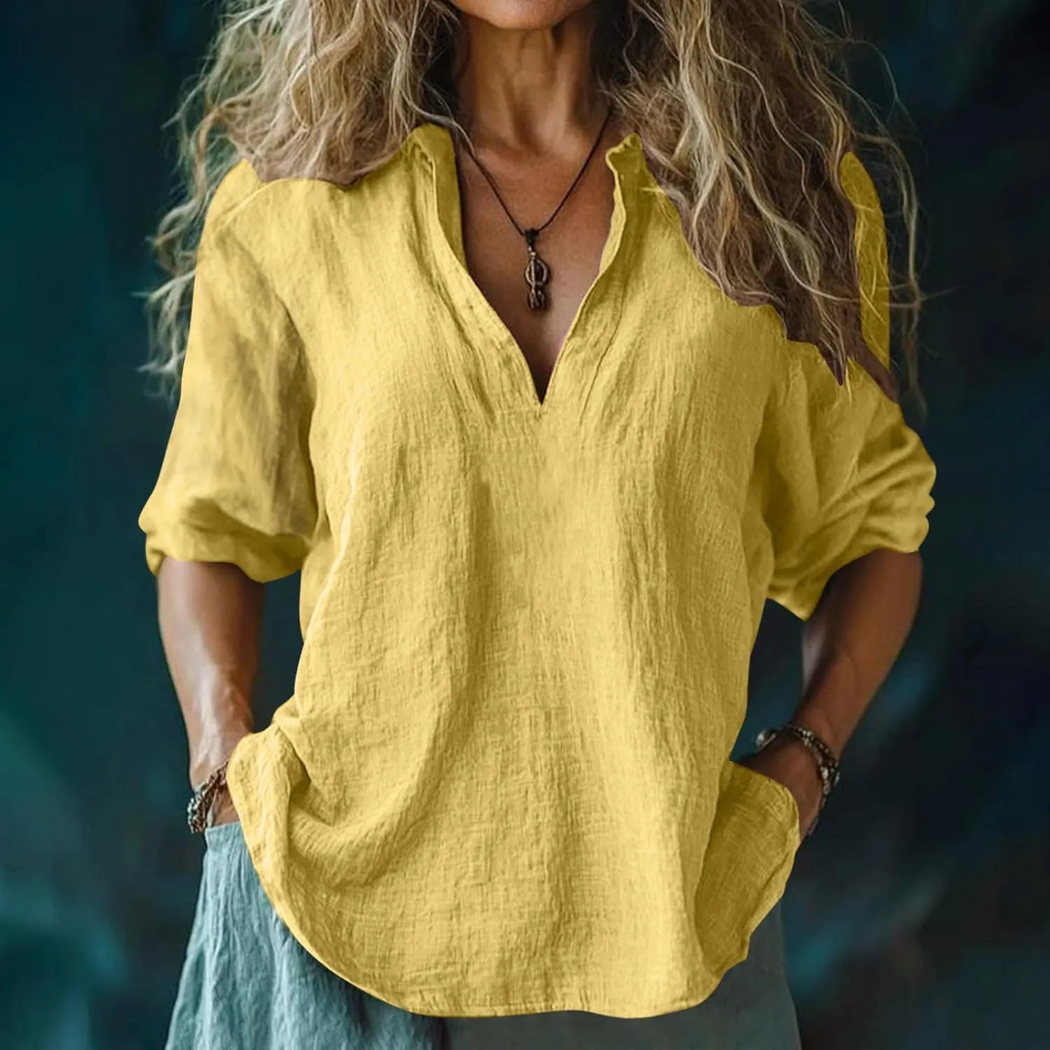 Womens Cotton Linen 3/4 Sleeve Tops Summer Notch V-Neck Tshirts Ladies Vintage Casual Blouse Dressy Loose Basic Tee