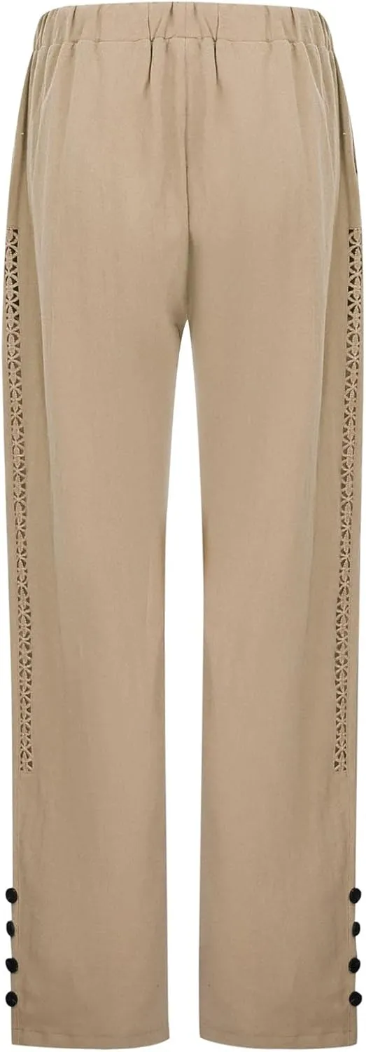 Women's Cotton Linen Pants Summer Casual Loose Beach Pants High Waisted Wide Leg Breathable Elastic Trousers with Pockets