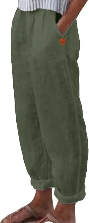 Women's Cotton Linen Pants Summer Casual Loose Beach Pants High Waisted Wide Leg Breathable Elastic Trousers with Pockets