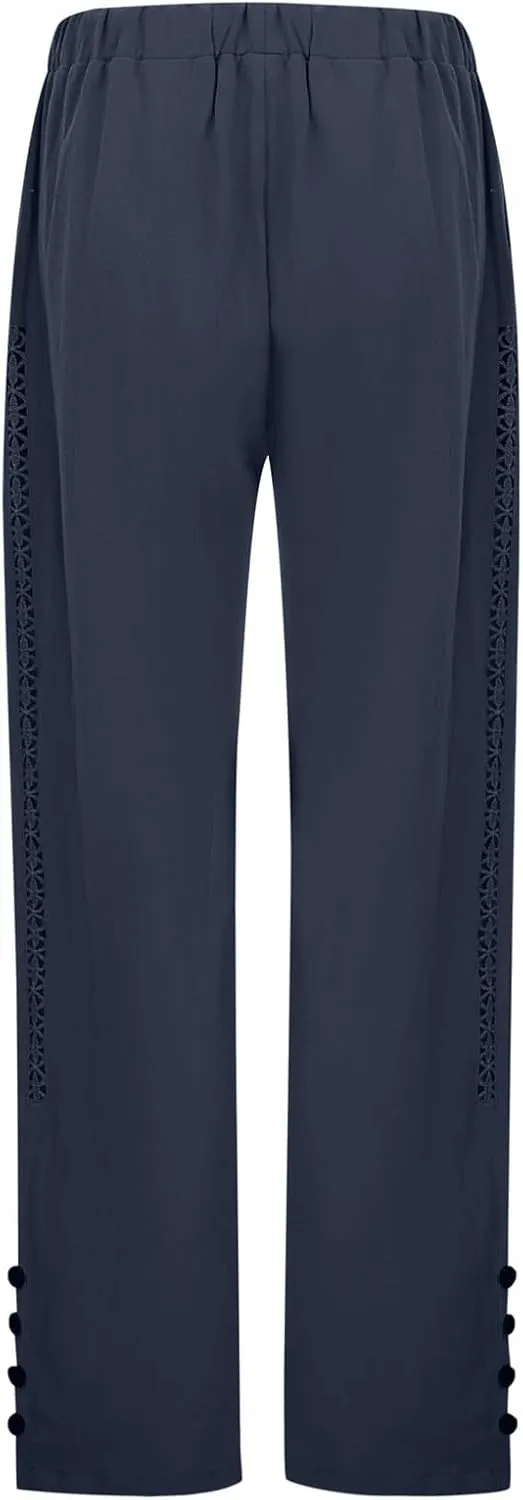 Women's Cotton Linen Pants Summer Casual Loose Beach Pants High Waisted Wide Leg Breathable Elastic Trousers with Pockets