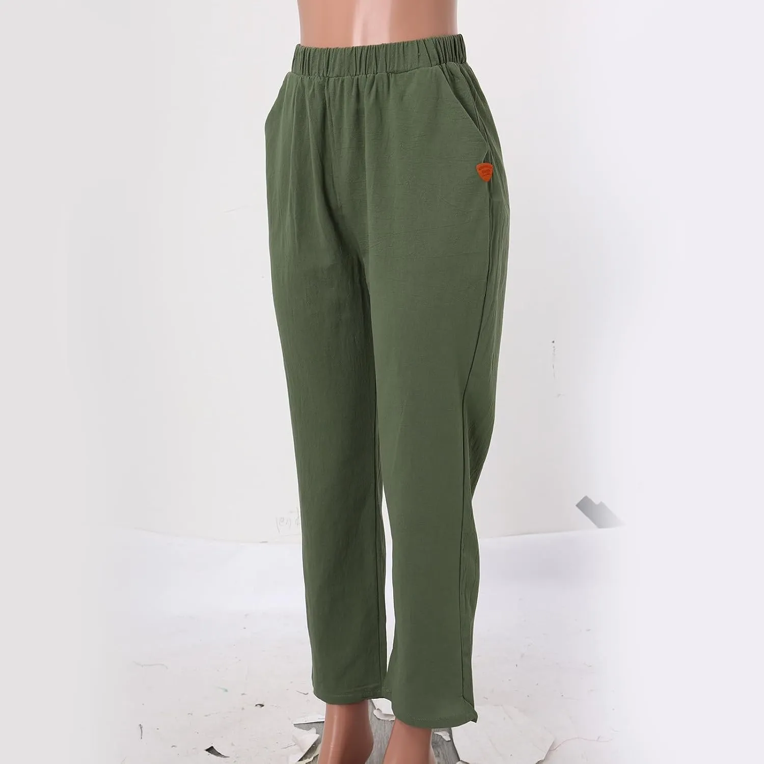 Women's Cotton Linen Pants Summer Casual Loose Beach Pants High Waisted Wide Leg Breathable Elastic Trousers with Pockets