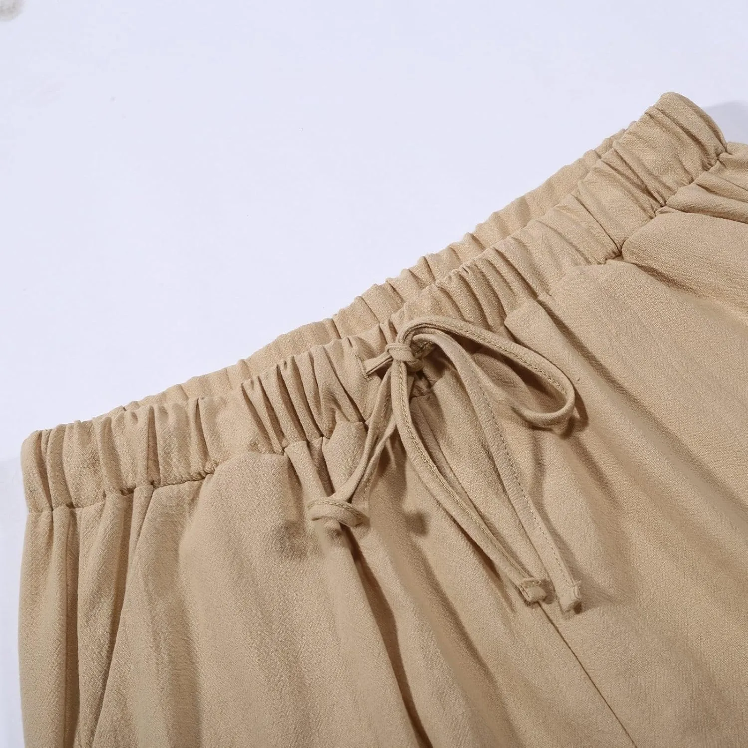 Women's Cotton Linen Pants Summer Casual Loose Beach Pants High Waisted Wide Leg Breathable Elastic Trousers with Pockets
