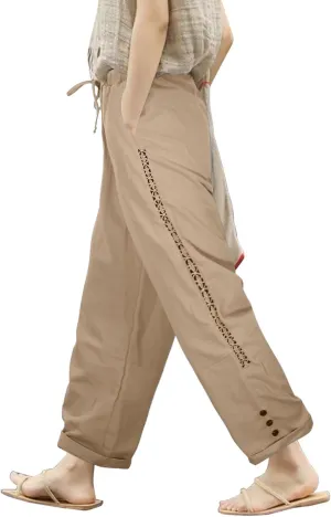 Women's Cotton Linen Pants Summer Casual Loose Beach Pants High Waisted Wide Leg Breathable Elastic Trousers with Pockets