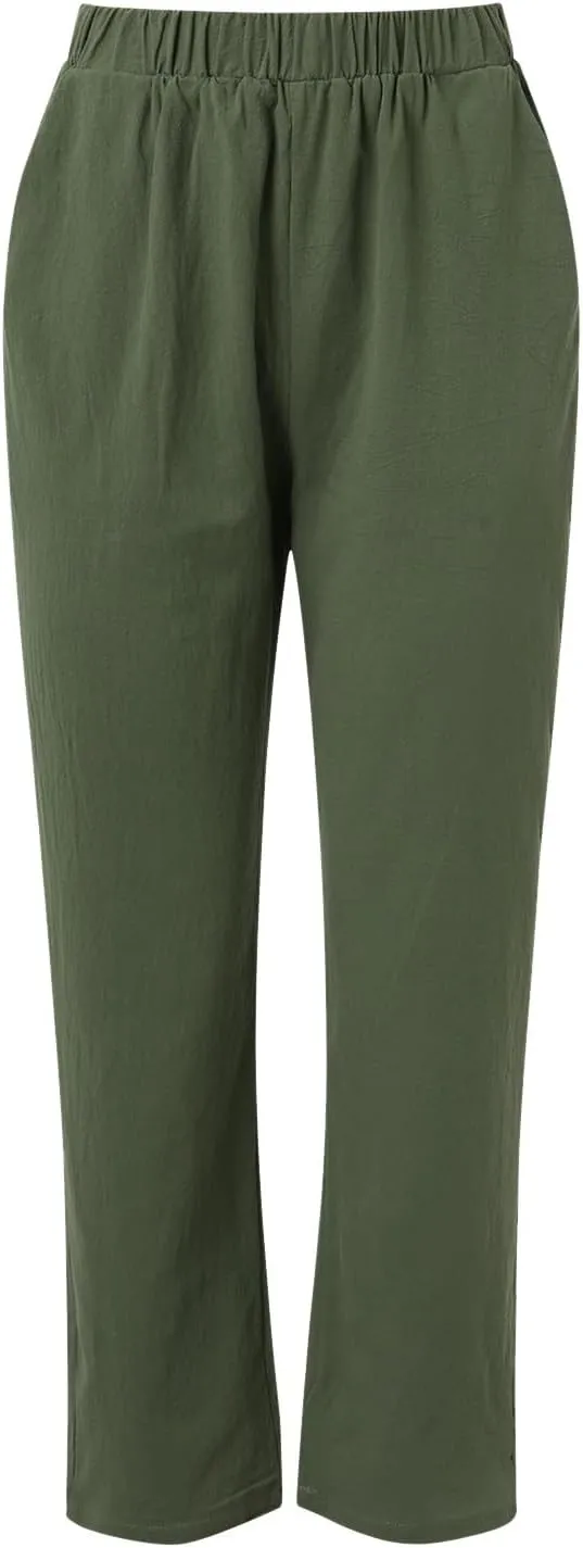 Women's Cotton Linen Pants Summer Casual Loose Beach Pants High Waisted Wide Leg Breathable Elastic Trousers with Pockets