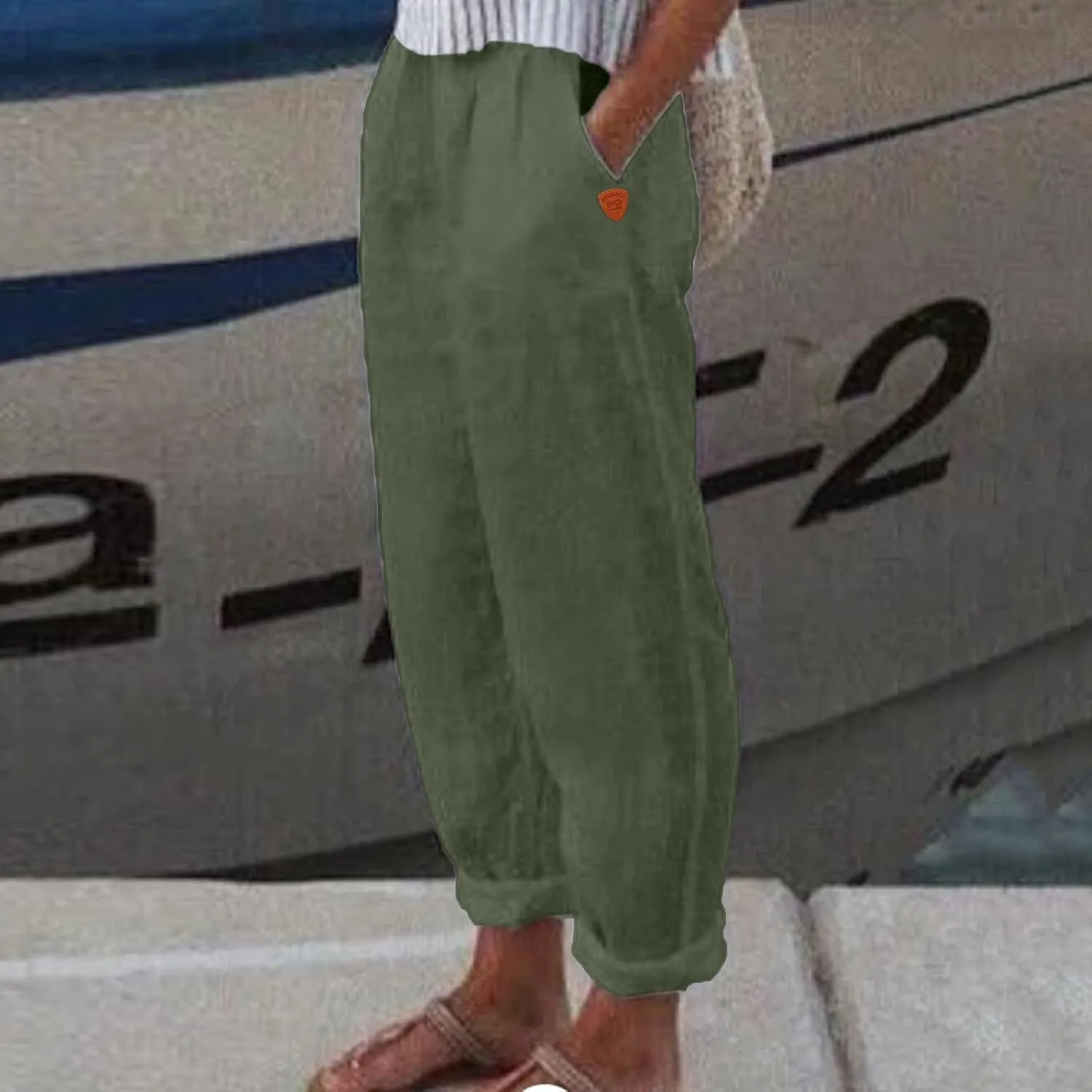 Women's Cotton Linen Pants Summer Casual Loose Beach Pants High Waisted Wide Leg Breathable Elastic Trousers with Pockets