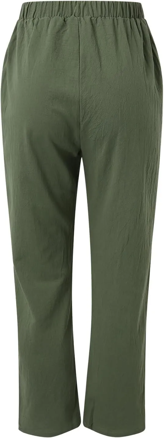 Women's Cotton Linen Pants Summer Casual Loose Beach Pants High Waisted Wide Leg Breathable Elastic Trousers with Pockets
