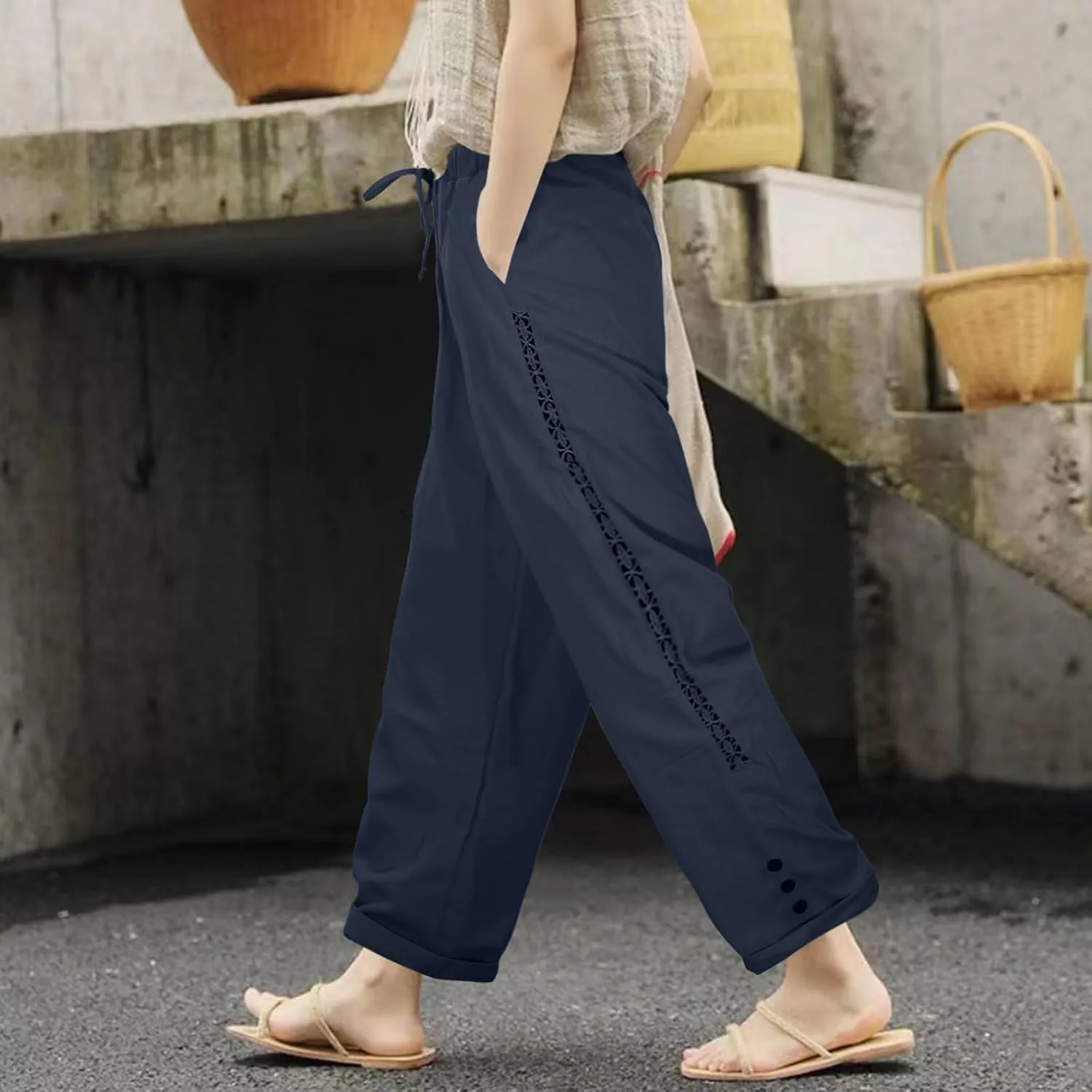 Women's Cotton Linen Pants Summer Casual Loose Beach Pants High Waisted Wide Leg Breathable Elastic Trousers with Pockets