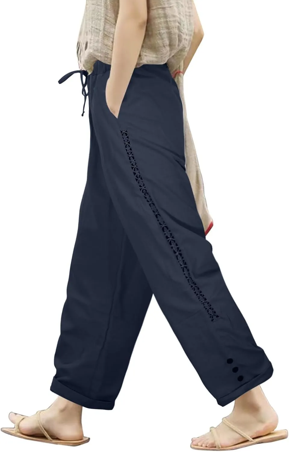 Women's Cotton Linen Pants Summer Casual Loose Beach Pants High Waisted Wide Leg Breathable Elastic Trousers with Pockets
