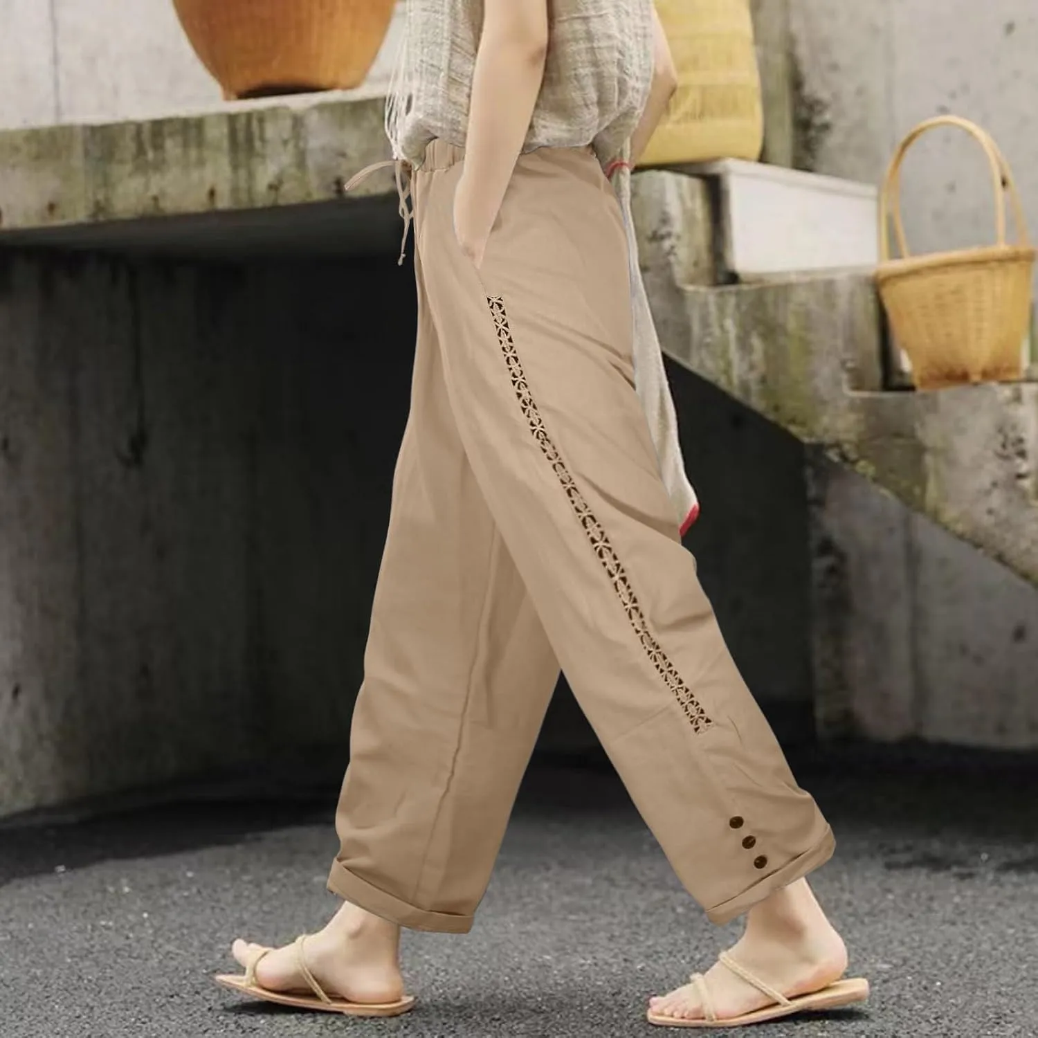 Women's Cotton Linen Pants Summer Casual Loose Beach Pants High Waisted Wide Leg Breathable Elastic Trousers with Pockets