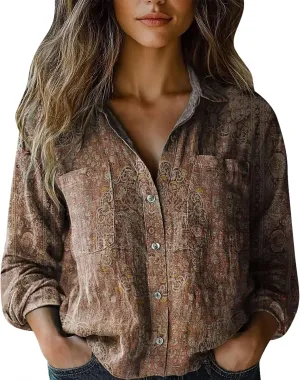 Womens Cotton Linen Printed Fashion Down Shirts Casual Tops Long Sleeve Blouse Beach Cotton Tops Cotton Linen Shirts
