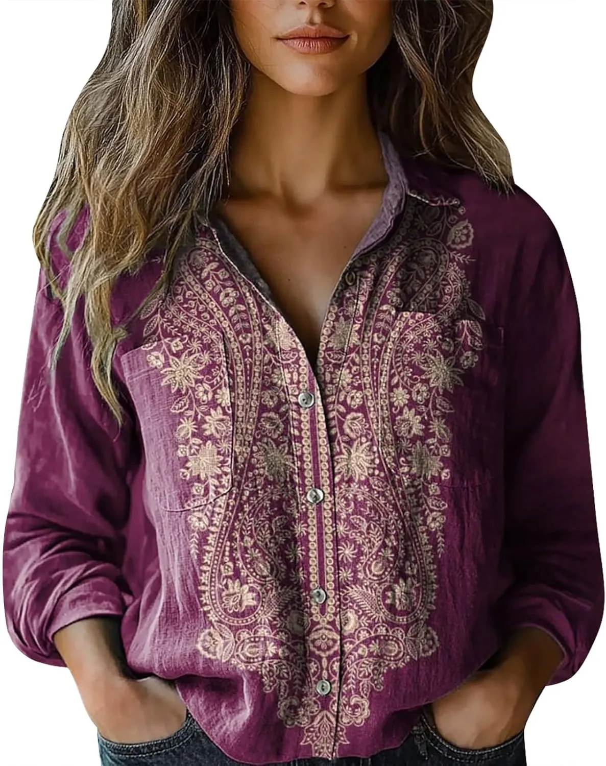 Womens Cotton Linen Printed Fashion Down Shirts Casual Tops Long Sleeve Blouse Beach Cotton Tops Cotton Linen Shirts