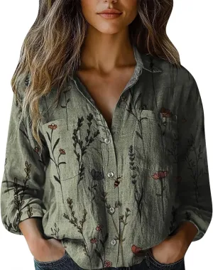 Womens Cotton Linen Printed Fashion Down Shirts Casual Tops Long Sleeve Blouse Beach Cotton Tops Cotton Linen Shirts