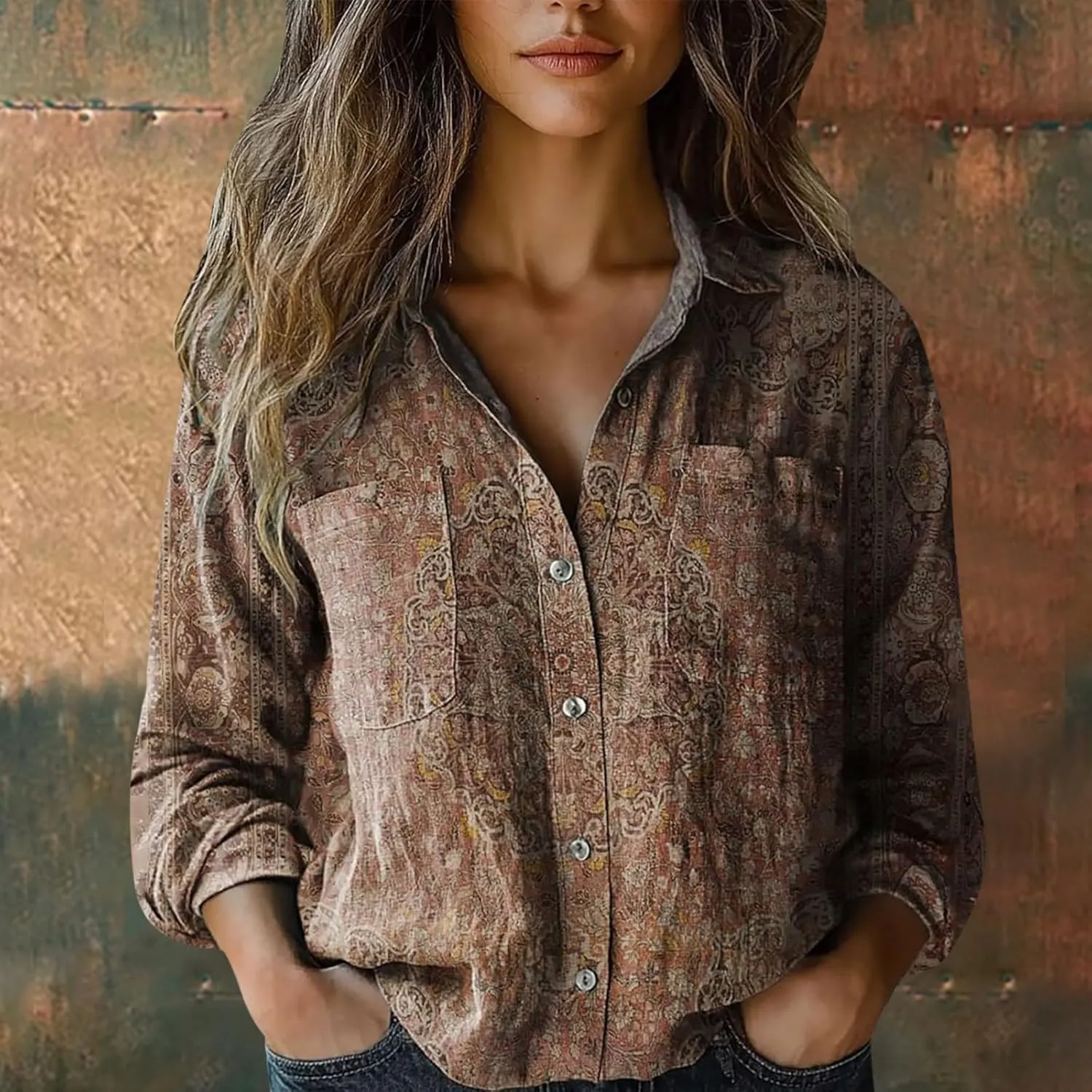 Womens Cotton Linen Printed Fashion Down Shirts Casual Tops Long Sleeve Blouse Beach Cotton Tops Cotton Linen Shirts