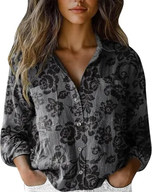 Womens Cotton Linen Printed Fashion Down Shirts Casual Tops Long Sleeve Blouse Beach Cotton Tops Cotton Linen Shirts
