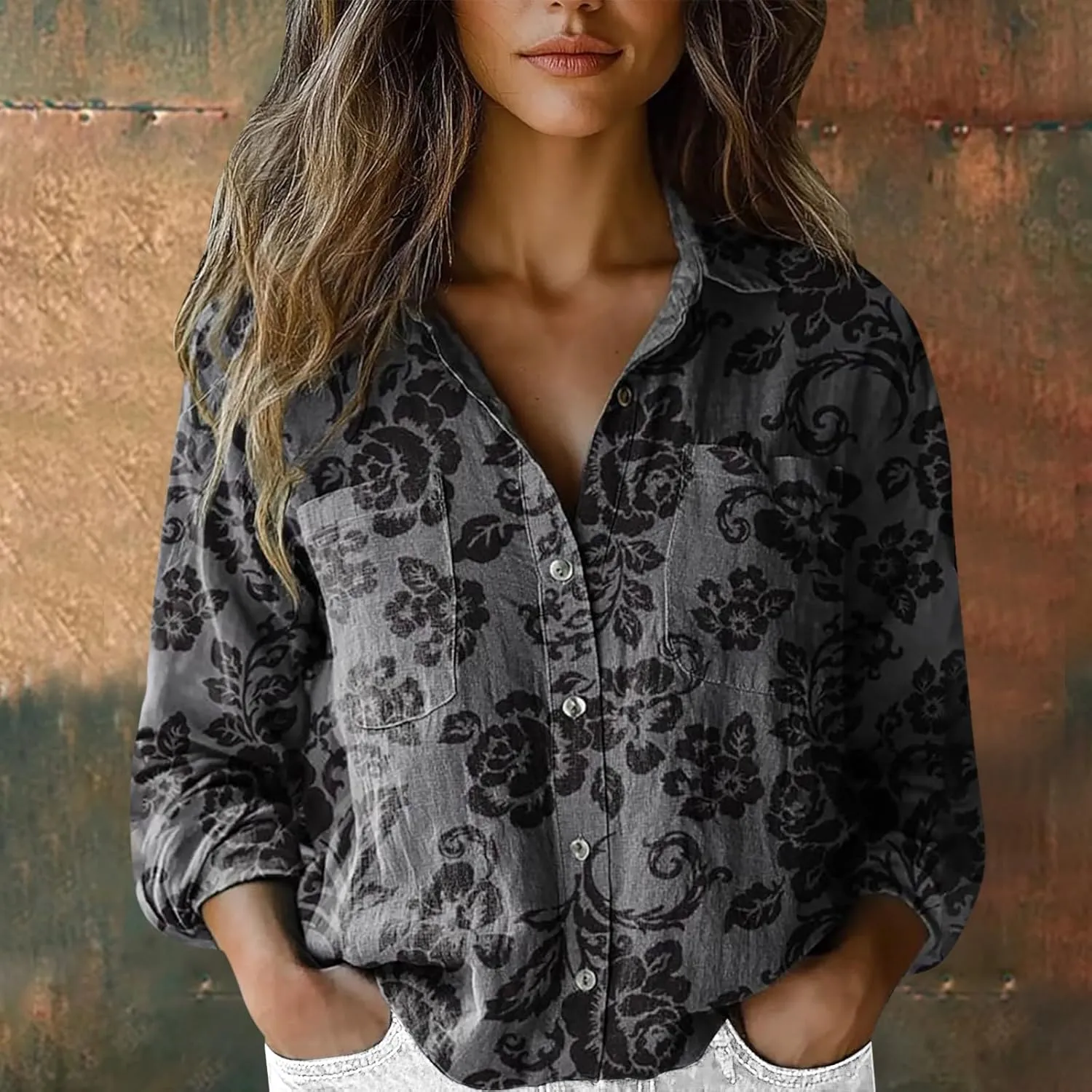 Womens Cotton Linen Printed Fashion Down Shirts Casual Tops Long Sleeve Blouse Beach Cotton Tops Cotton Linen Shirts