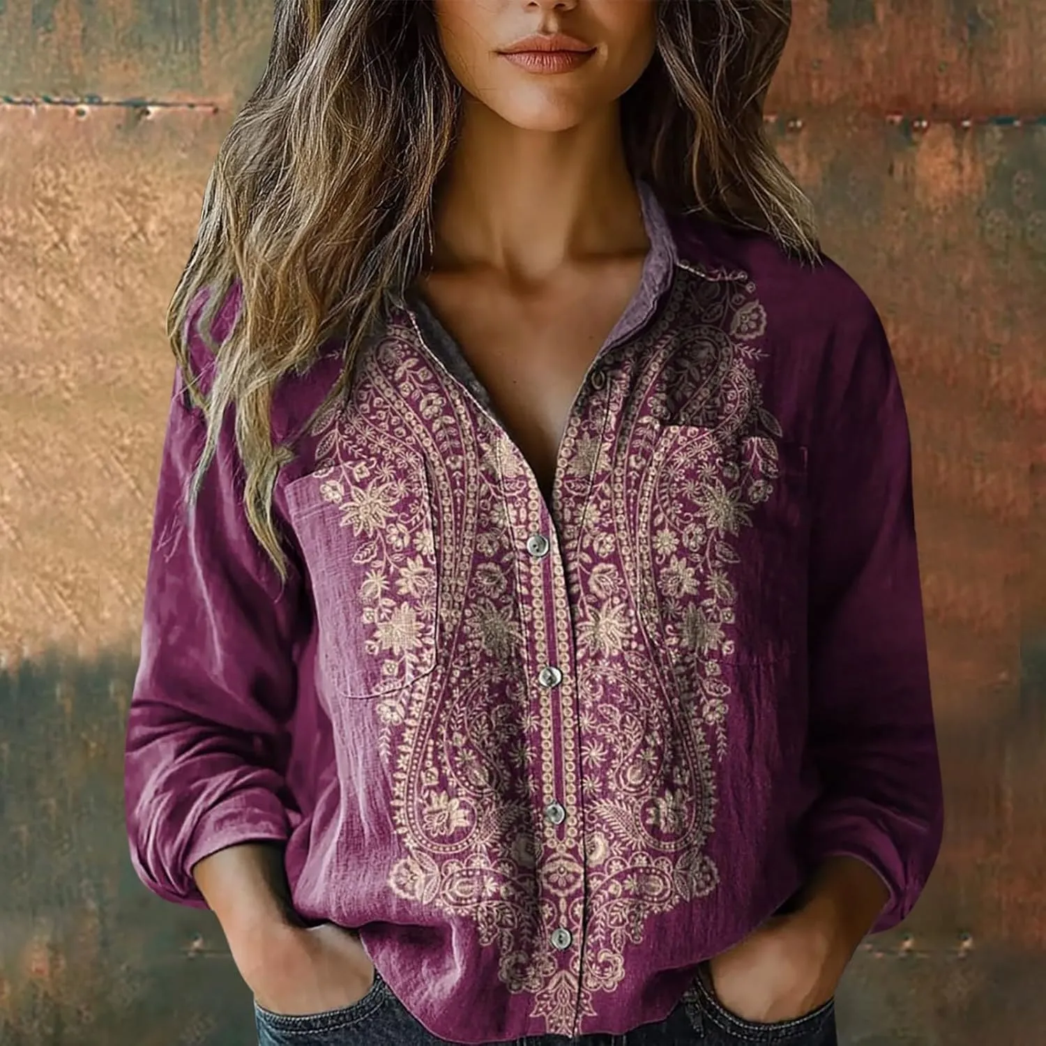 Womens Cotton Linen Printed Fashion Down Shirts Casual Tops Long Sleeve Blouse Beach Cotton Tops Cotton Linen Shirts
