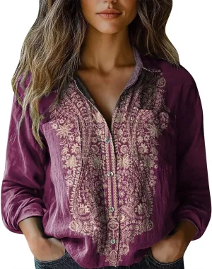 Womens Cotton Linen Printed Fashion Down Shirts Casual Tops Long Sleeve Blouse Beach Cotton Tops Cotton Linen Shirts