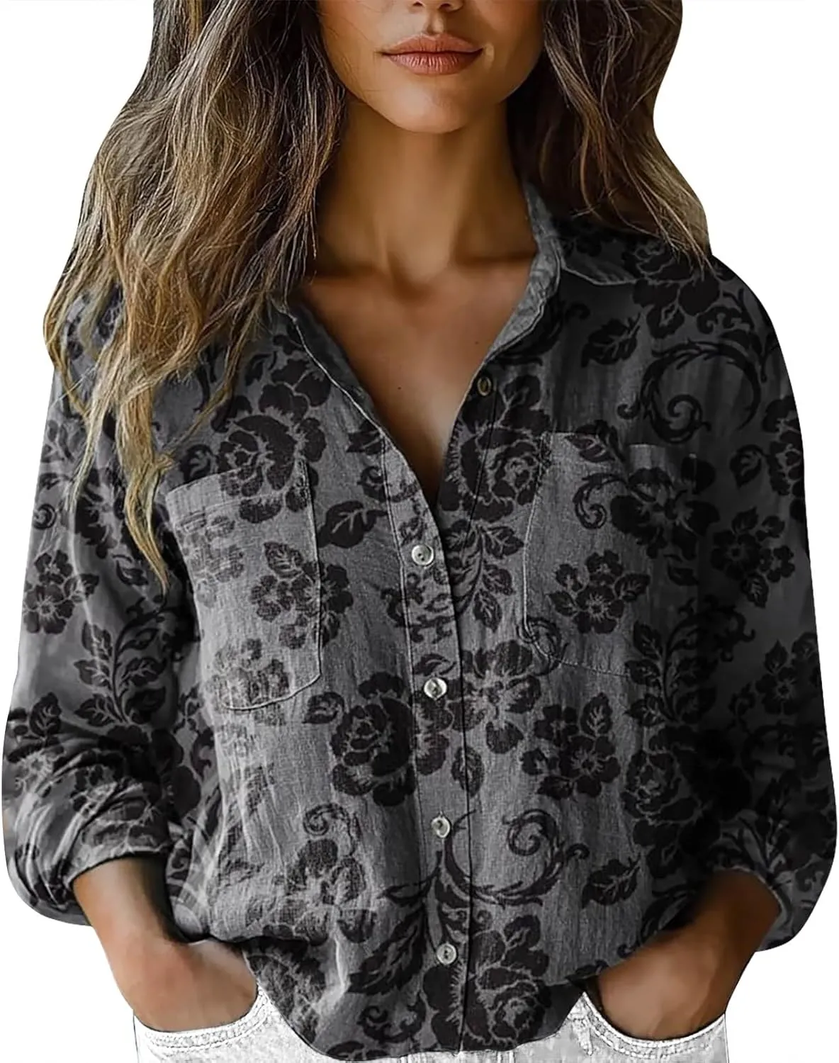 Womens Cotton Linen Printed Fashion Down Shirts Casual Tops Long Sleeve Blouse Beach Cotton Tops Cotton Linen Shirts