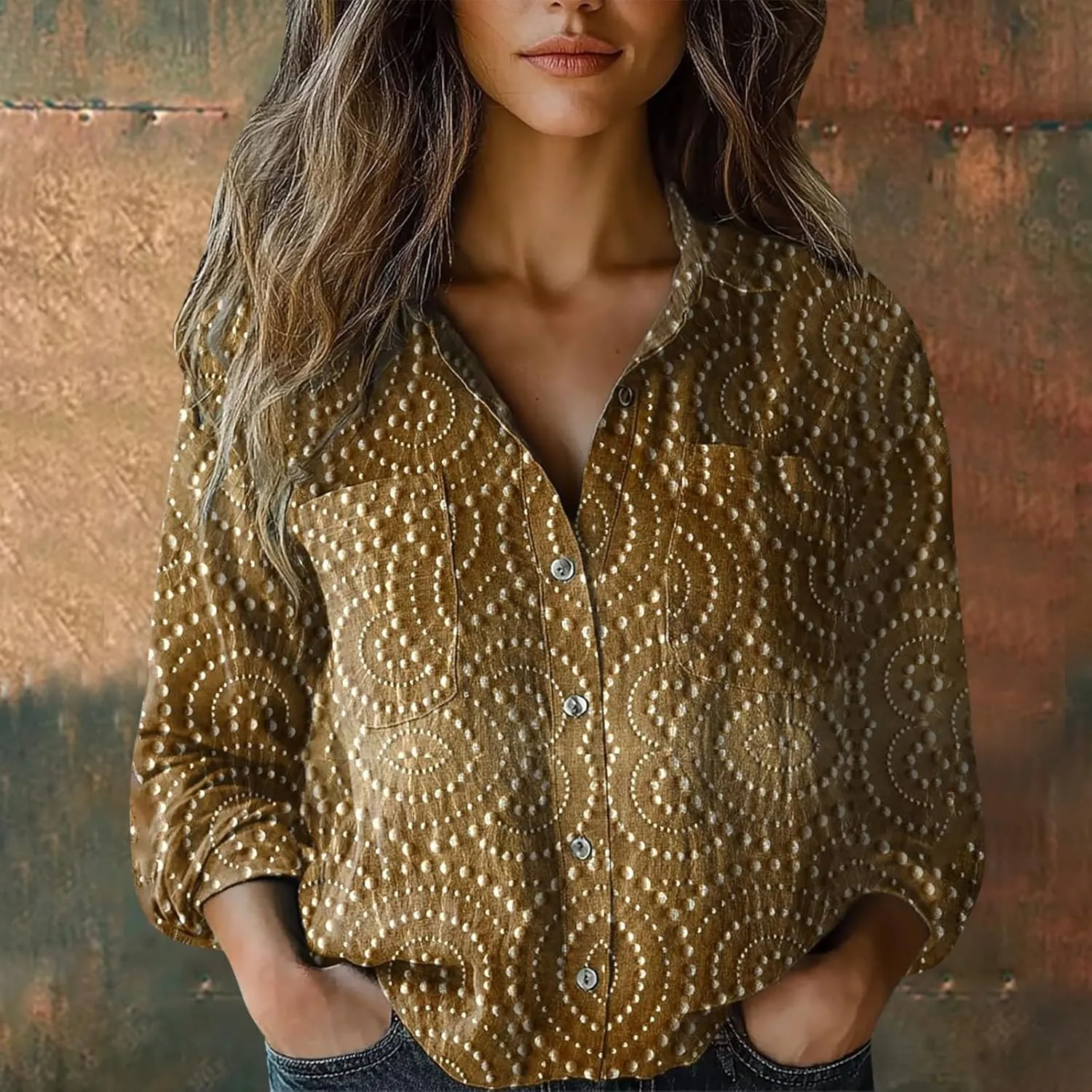 Womens Cotton Linen Printed Fashion Down Shirts Casual Tops Long Sleeve Blouse Beach Cotton Tops Cotton Linen Shirts