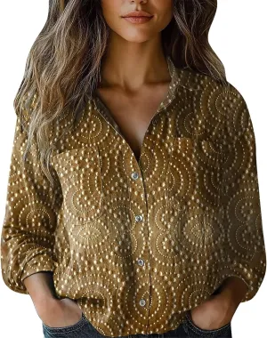 Womens Cotton Linen Printed Fashion Down Shirts Casual Tops Long Sleeve Blouse Beach Cotton Tops Cotton Linen Shirts