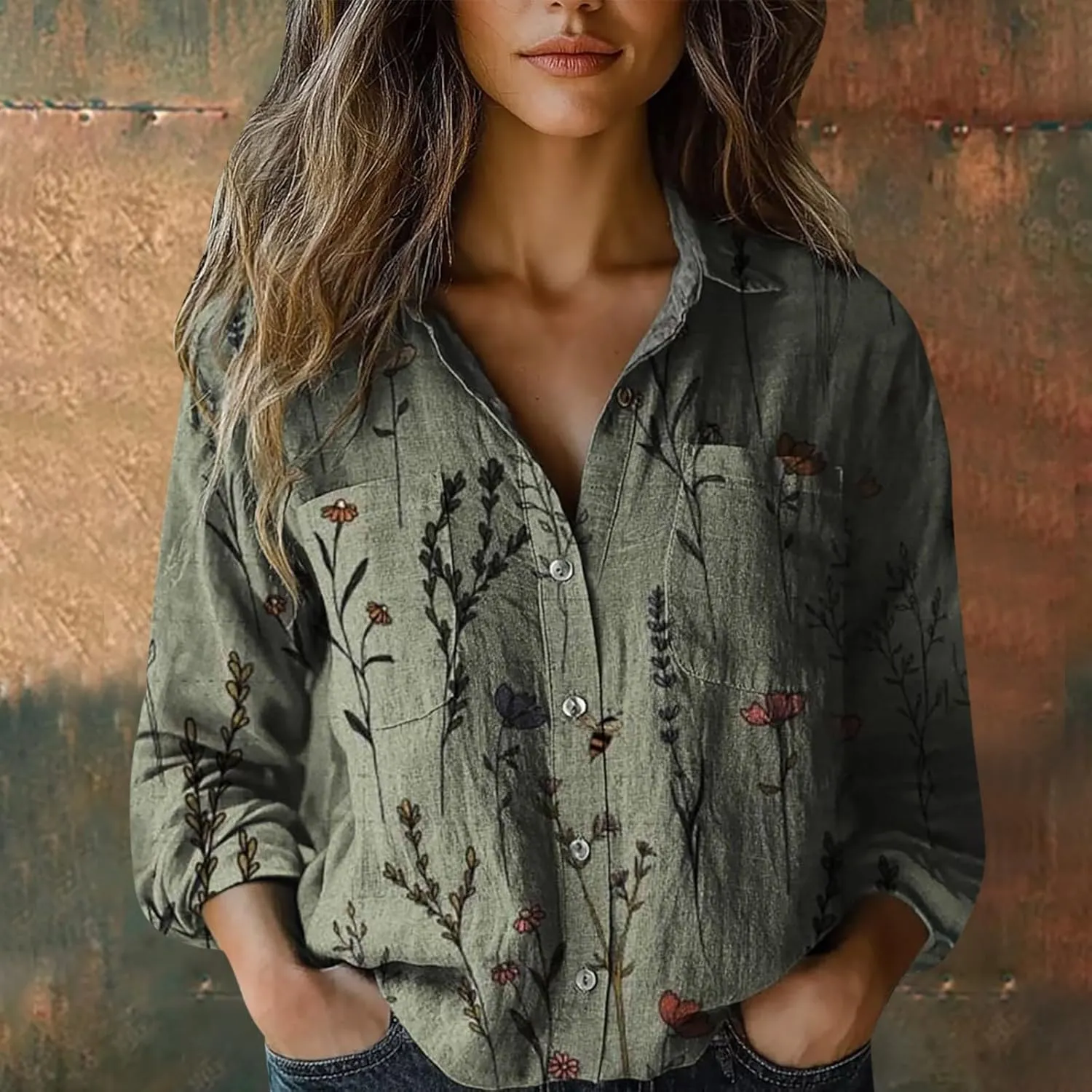 Womens Cotton Linen Printed Fashion Down Shirts Casual Tops Long Sleeve Blouse Beach Cotton Tops Cotton Linen Shirts