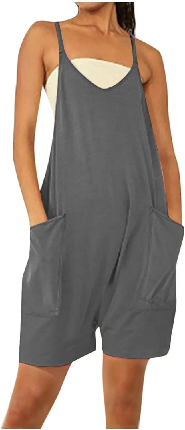 Womens Cotton Linen Romper Shorts Casual Loose Summer Sleeveless Jumpsuits With Pockets Adjustable Strap Overall