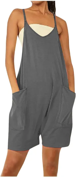 Womens Cotton Linen Romper Shorts Casual Loose Summer Sleeveless Jumpsuits With Pockets Adjustable Strap Overall