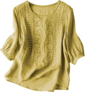 Women's Cotton Linen Shirts Short Sleeve Crewneck Blouse Casual Loose Fit T Shirt Tunic Tops for Summer Beach Vacation