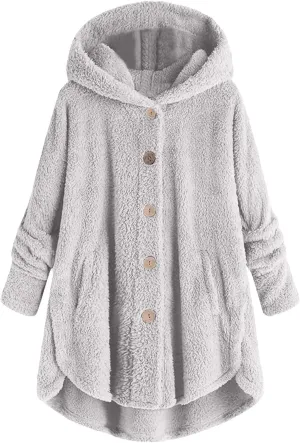 Womens Cute Home Hooded Fleece Coat Single Breasted Long Sleeve Outwear Comfort Loose Warm Overcoat Fall Winter Clothes