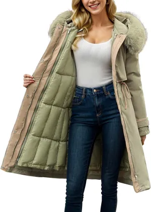 Women's Down Jacket Knee-Length Padded Thickened Quilted Puffer Pockets Winter Coat Outerwear Faux Fur Removable Hood