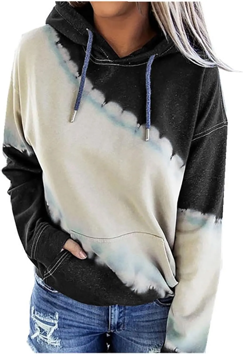 Womens Drawstring Color Block Loose Hooded Sweatshirt Casual Comfy Sweaters Fashion Oversized Tie Dye Long Sleeve Pullover