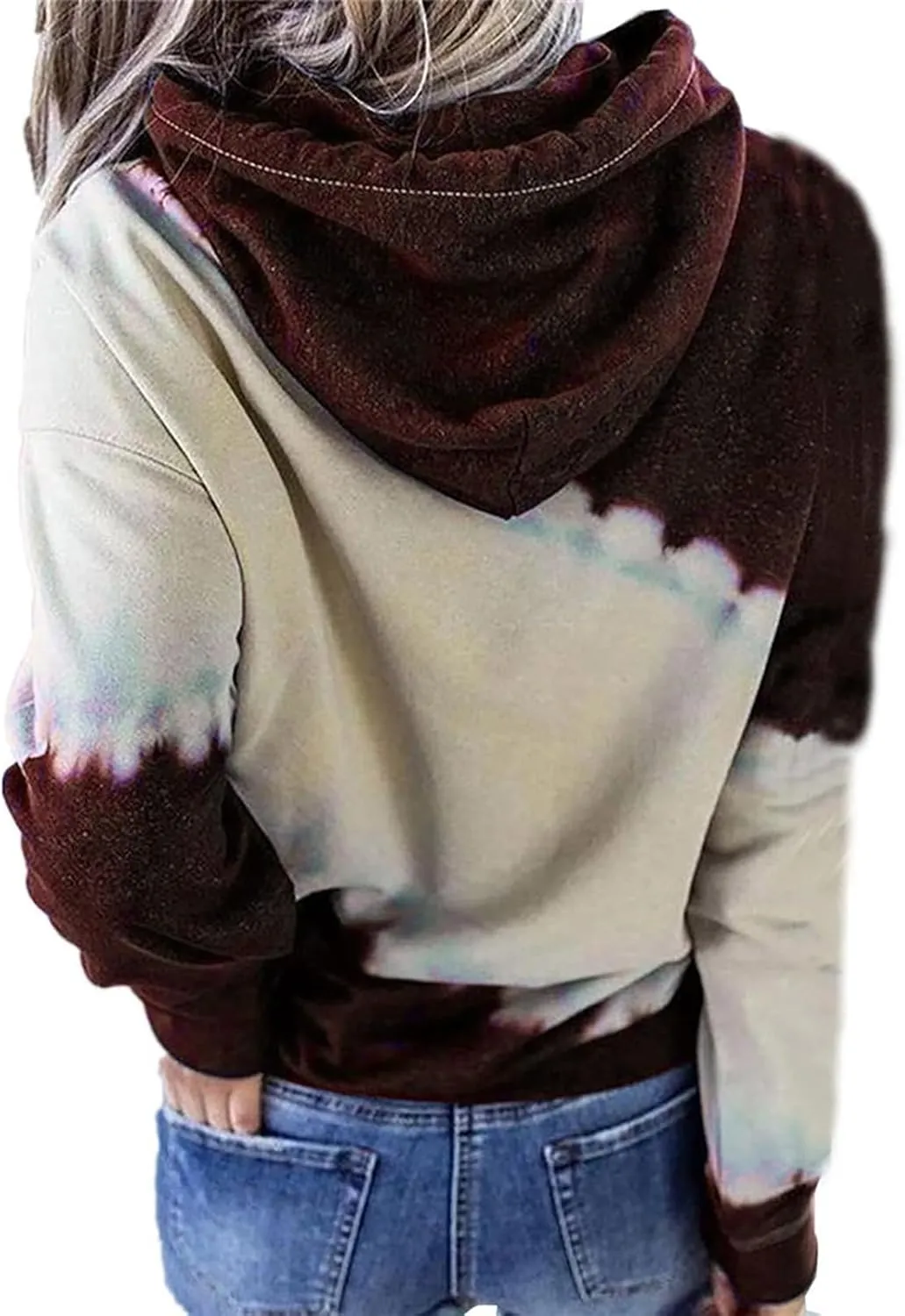Womens Drawstring Color Block Loose Hooded Sweatshirt Casual Comfy Sweaters Fashion Oversized Tie Dye Long Sleeve Pullover