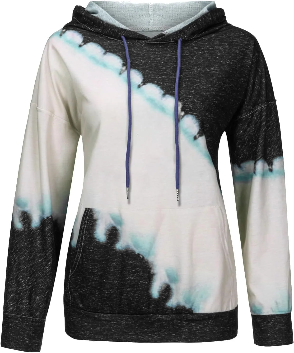 Womens Drawstring Color Block Loose Hooded Sweatshirt Casual Comfy Sweaters Fashion Oversized Tie Dye Long Sleeve Pullover
