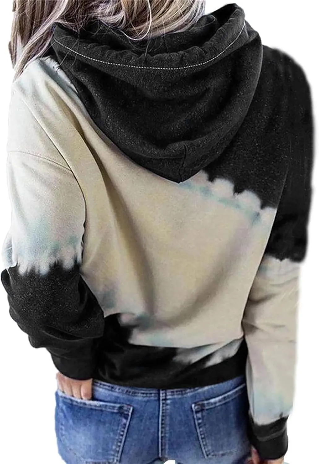 Womens Drawstring Color Block Loose Hooded Sweatshirt Casual Comfy Sweaters Fashion Oversized Tie Dye Long Sleeve Pullover